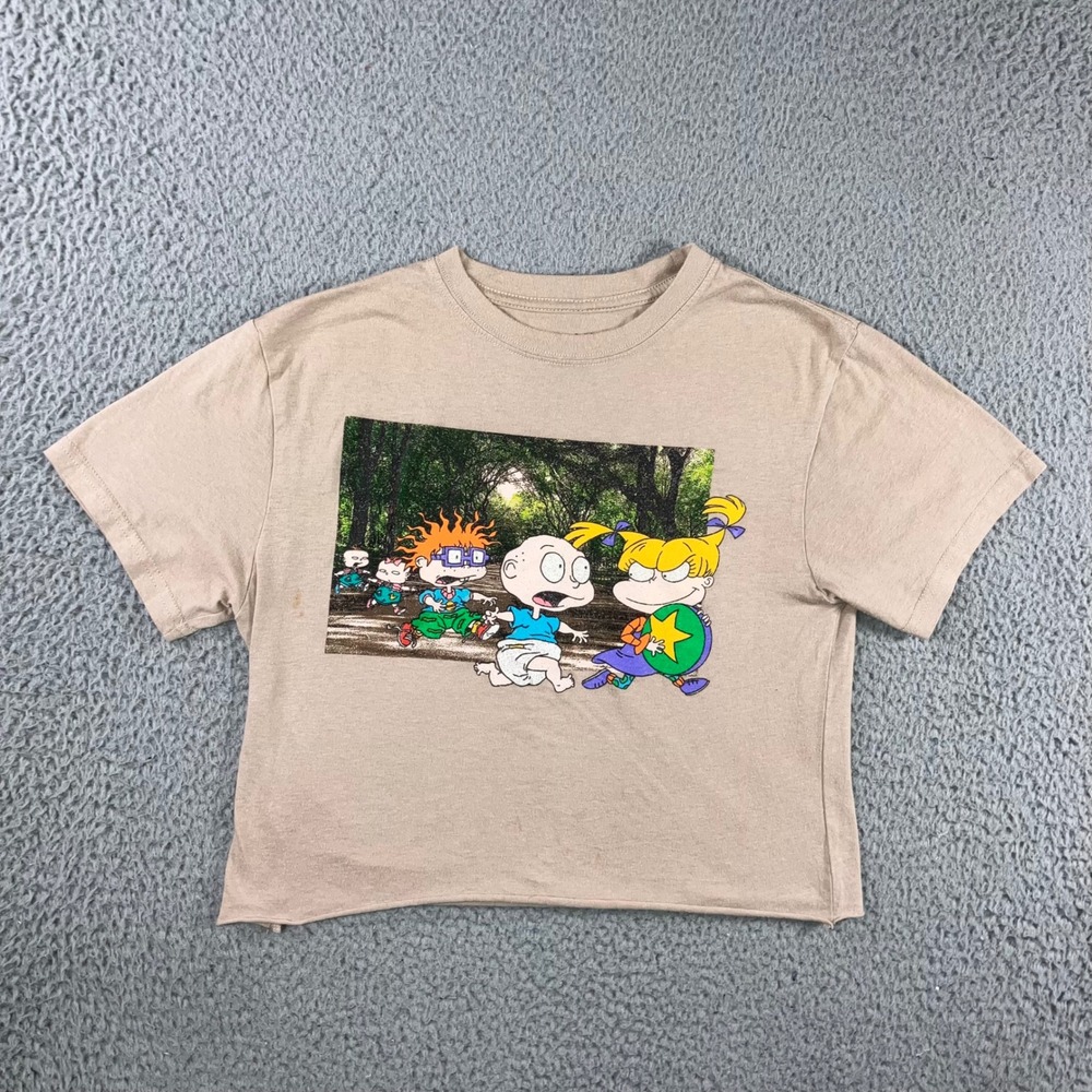 Nickelodeon Rugrats Graphic Tee Women S Tan Cropped Raw Hem S/S Retro 90s Grunge